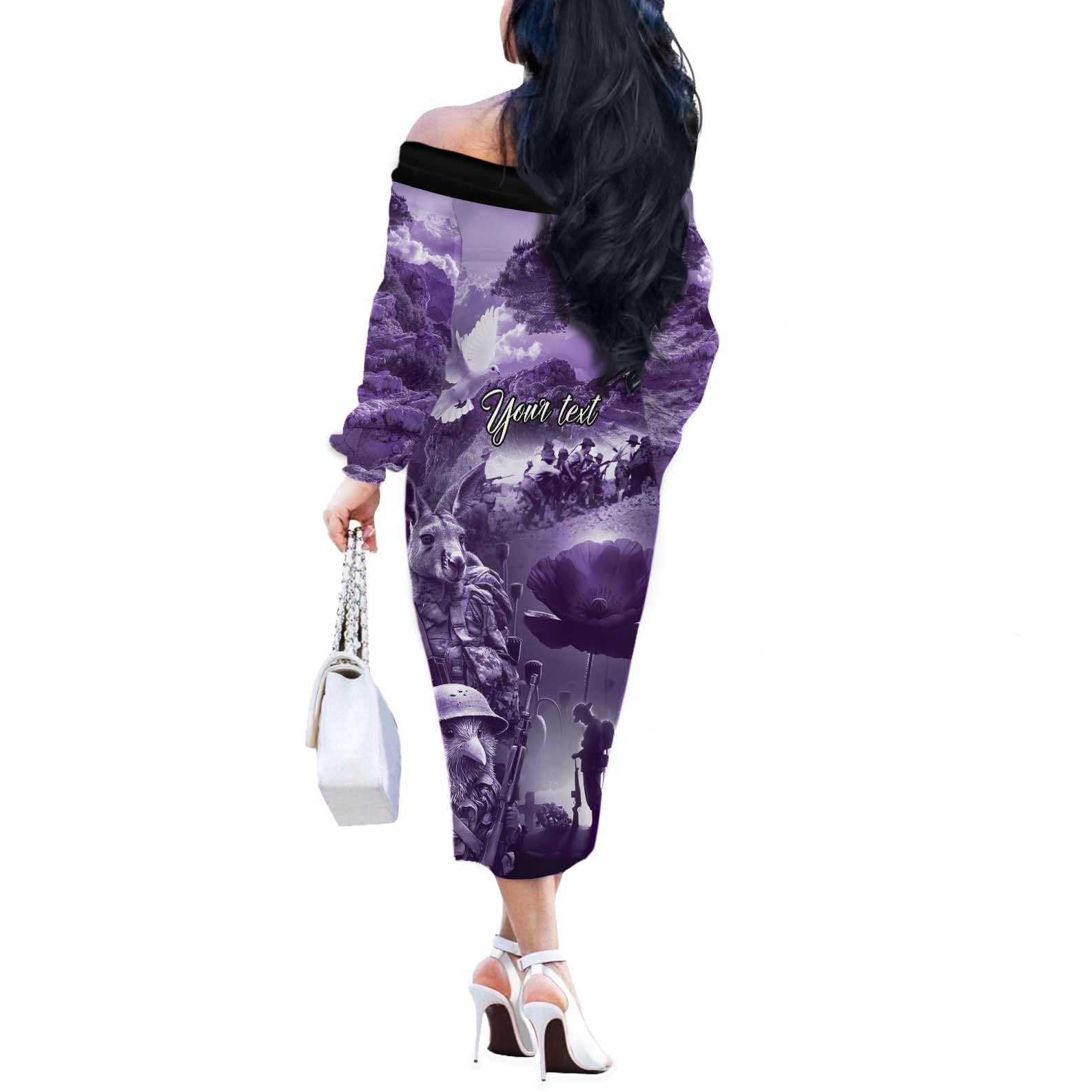 Purple ANZAC Day The Battle of Lone Pine Off The Shoulder Long Sleeve Dress Kiwi-Kangaroo Soldier Lest We Forget
