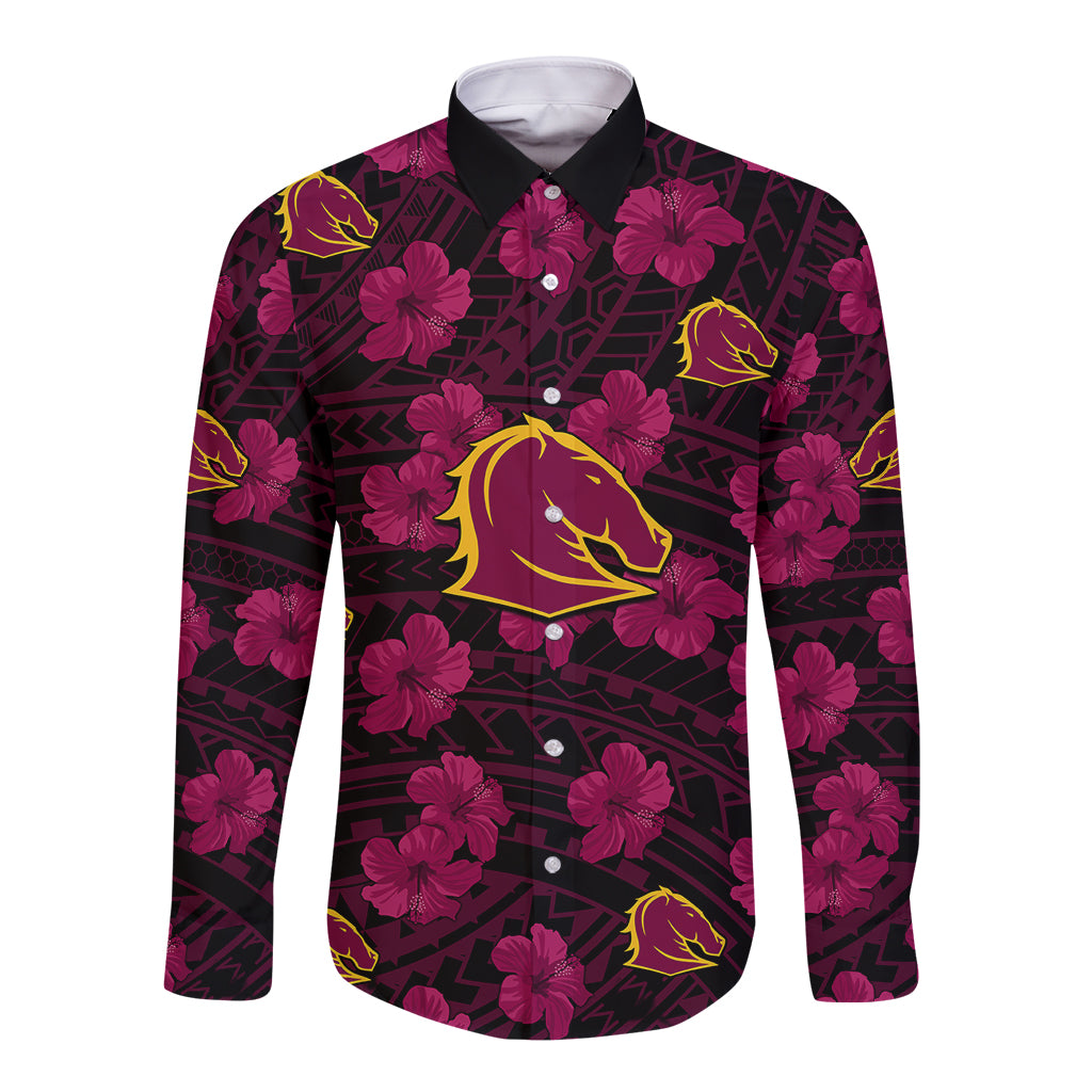custom-text-and-number-broncos-rugby-long-sleeve-button-shirt-polynesian-style-with-hibiscus