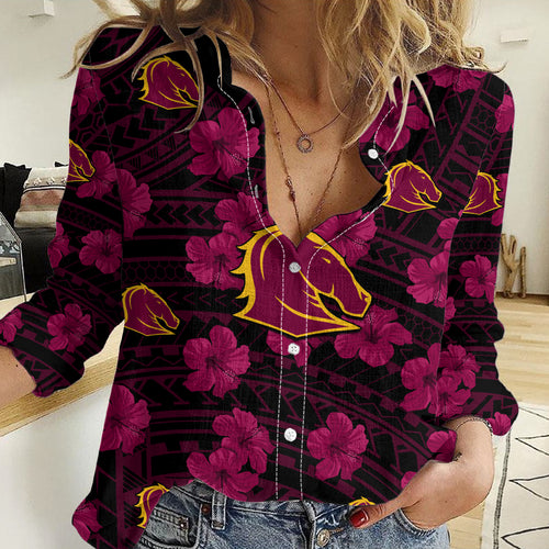 (Custom Text And Number) Broncos Rugby Women Casual Shirt Polynesian Style With Hibiscus LT9