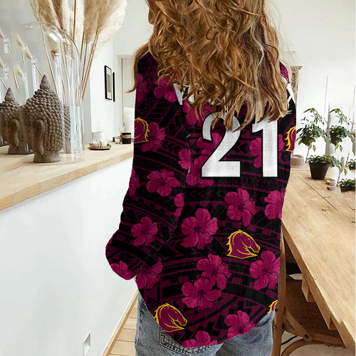 (Custom Text And Number) Broncos Rugby Women Casual Shirt Polynesian Style With Hibiscus LT9