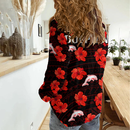 Dolphins Rugby Women Casual Shirt Polynesian Style With Hibiscus LT9