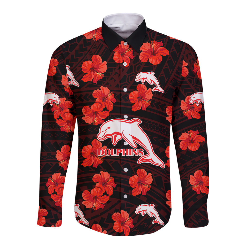custom-text-and-number-dolphins-rugby-long-sleeve-button-shirt-polynesian-style-with-hibiscus