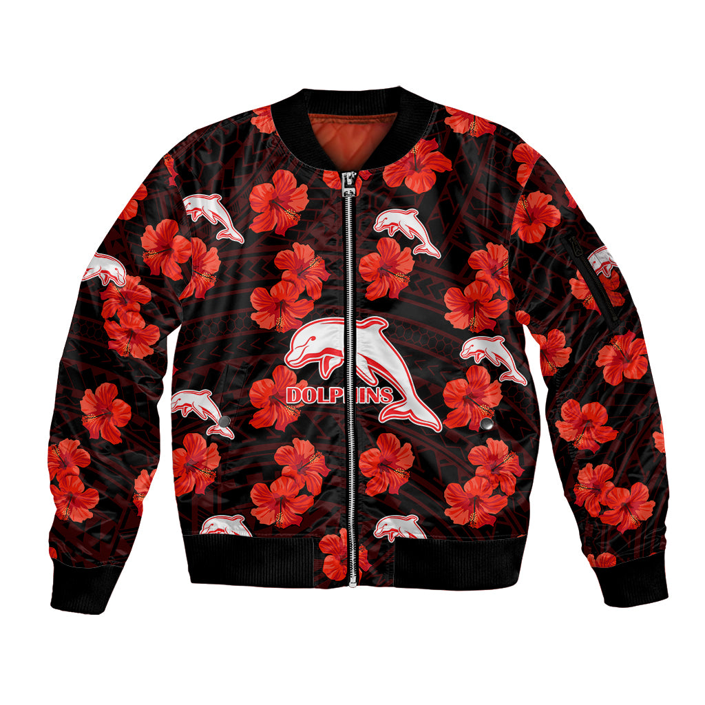 custom-text-and-number-dolphins-rugby-sleeve-zip-bomber-jacket-polynesian-style-with-hibiscus