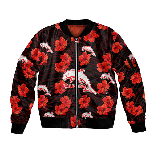 custom-text-and-number-dolphins-rugby-sleeve-zip-bomber-jacket-polynesian-style-with-hibiscus