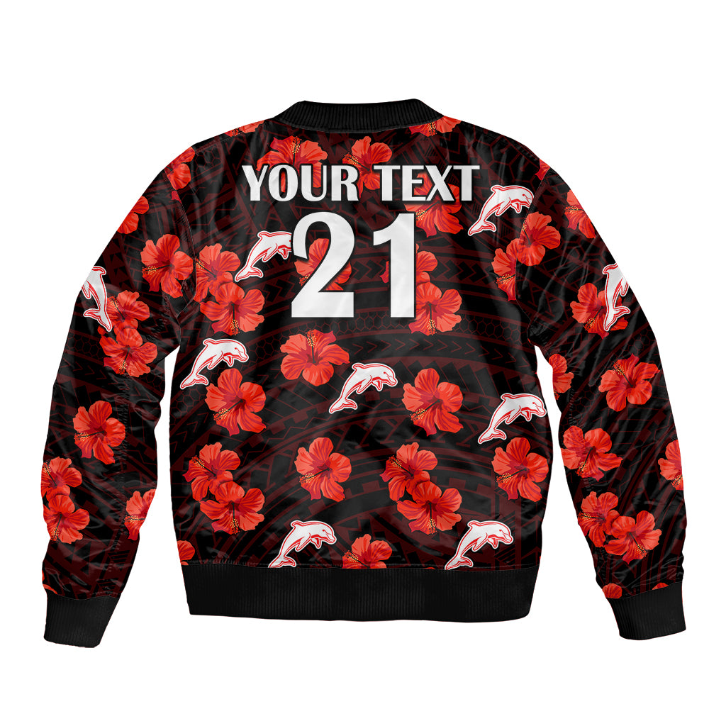 custom-text-and-number-dolphins-rugby-sleeve-zip-bomber-jacket-polynesian-style-with-hibiscus