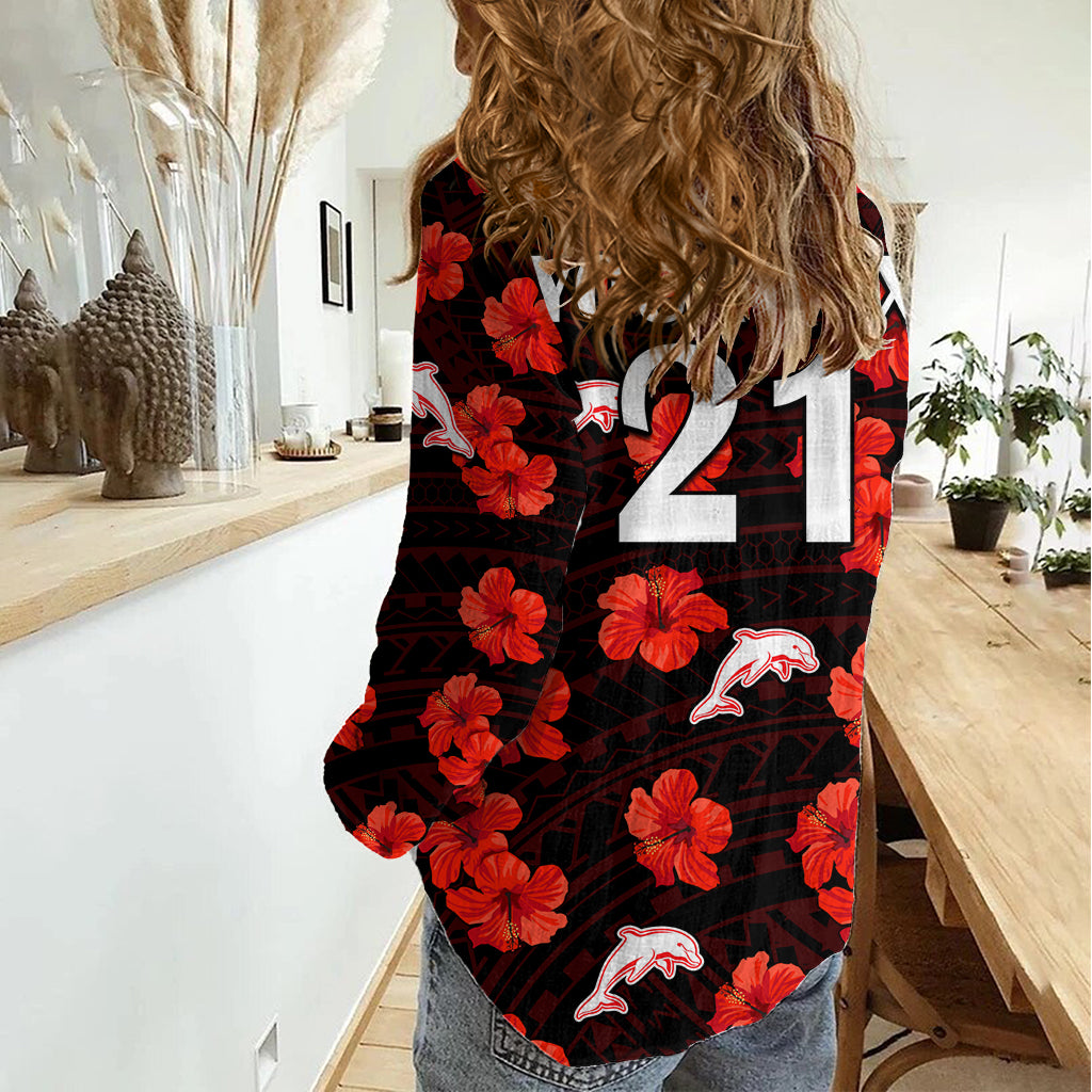 (Custom Text And Number) Dolphins Rugby Women Casual Shirt Polynesian Style With Hibiscus LT9