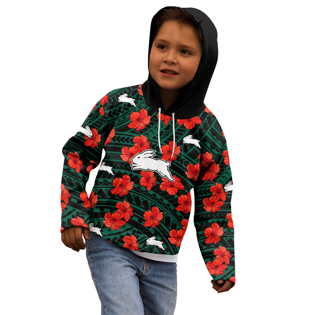 rabbitohs-rugby-kid-hoodie-polynesian-style-with-hibiscus