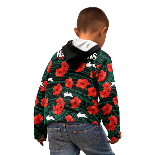rabbitohs-rugby-kid-hoodie-polynesian-style-with-hibiscus