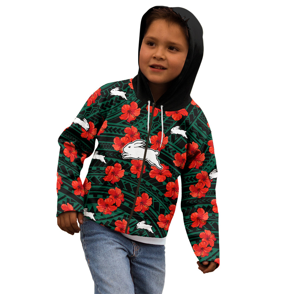 rabbitohs-rugby-kid-hoodie-polynesian-style-with-hibiscus