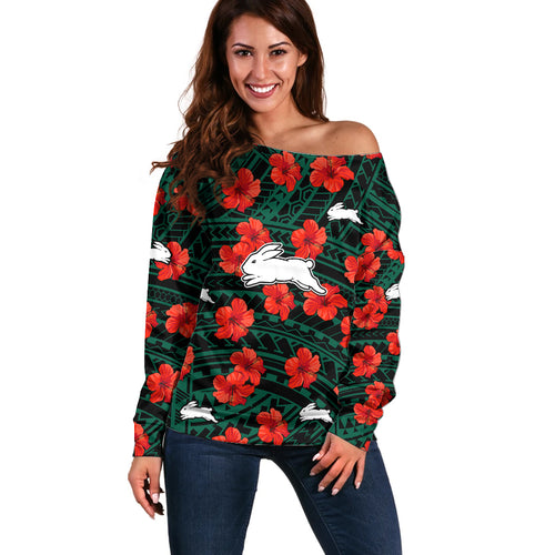rabbitohs-rugby-off-shoulder-sweater-polynesian-style-with-hibiscus