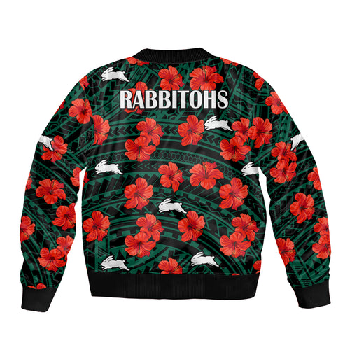 rabbitohs-rugby-sleeve-zip-bomber-jacket-polynesian-style-with-hibiscus