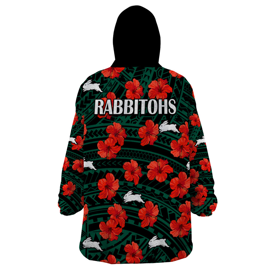 rabbitohs-rugby-wearable-blanket-hoodie-polynesian-style-with-hibiscus