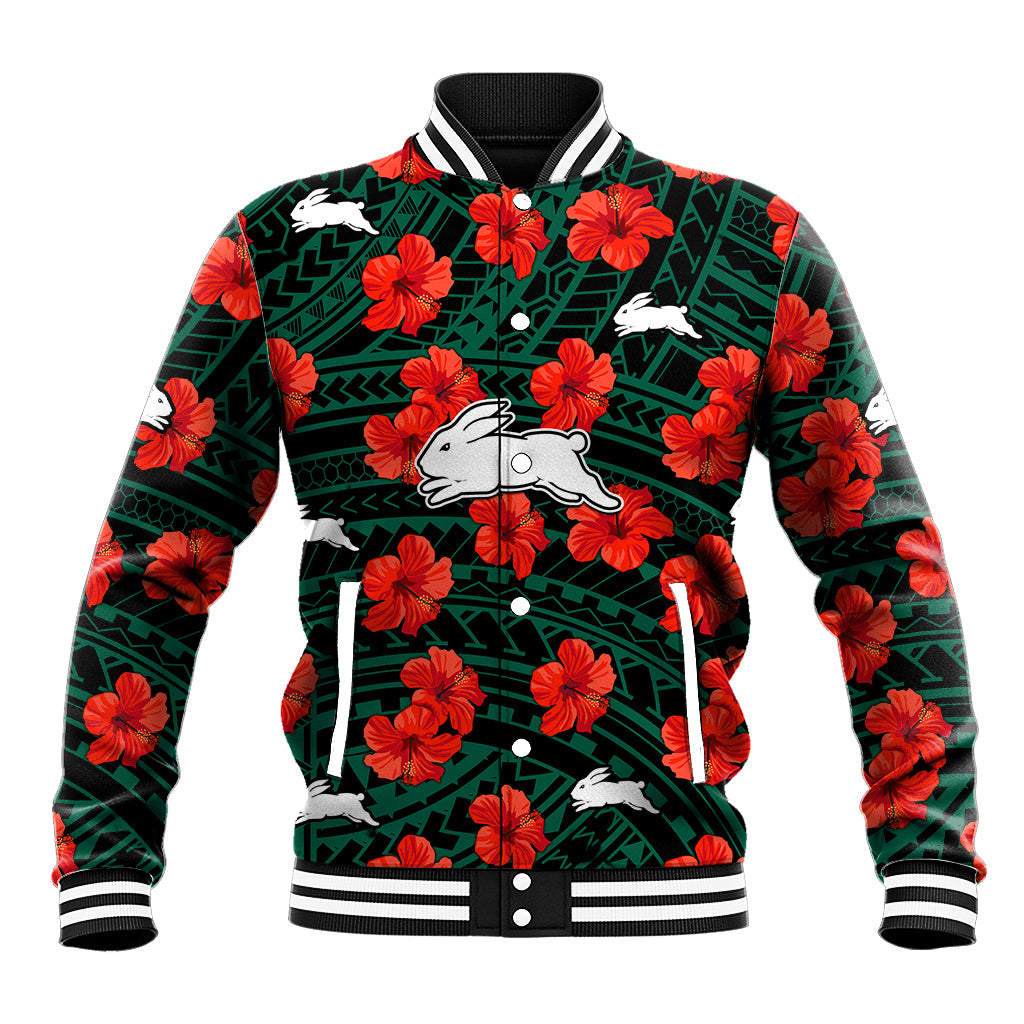 custom-text-and-number-rabbitohs-rugby-baseball-jacket-polynesian-style-with-hibiscus
