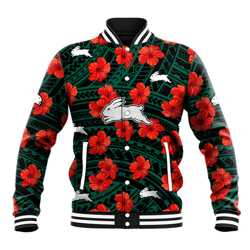 custom-text-and-number-rabbitohs-rugby-baseball-jacket-polynesian-style-with-hibiscus