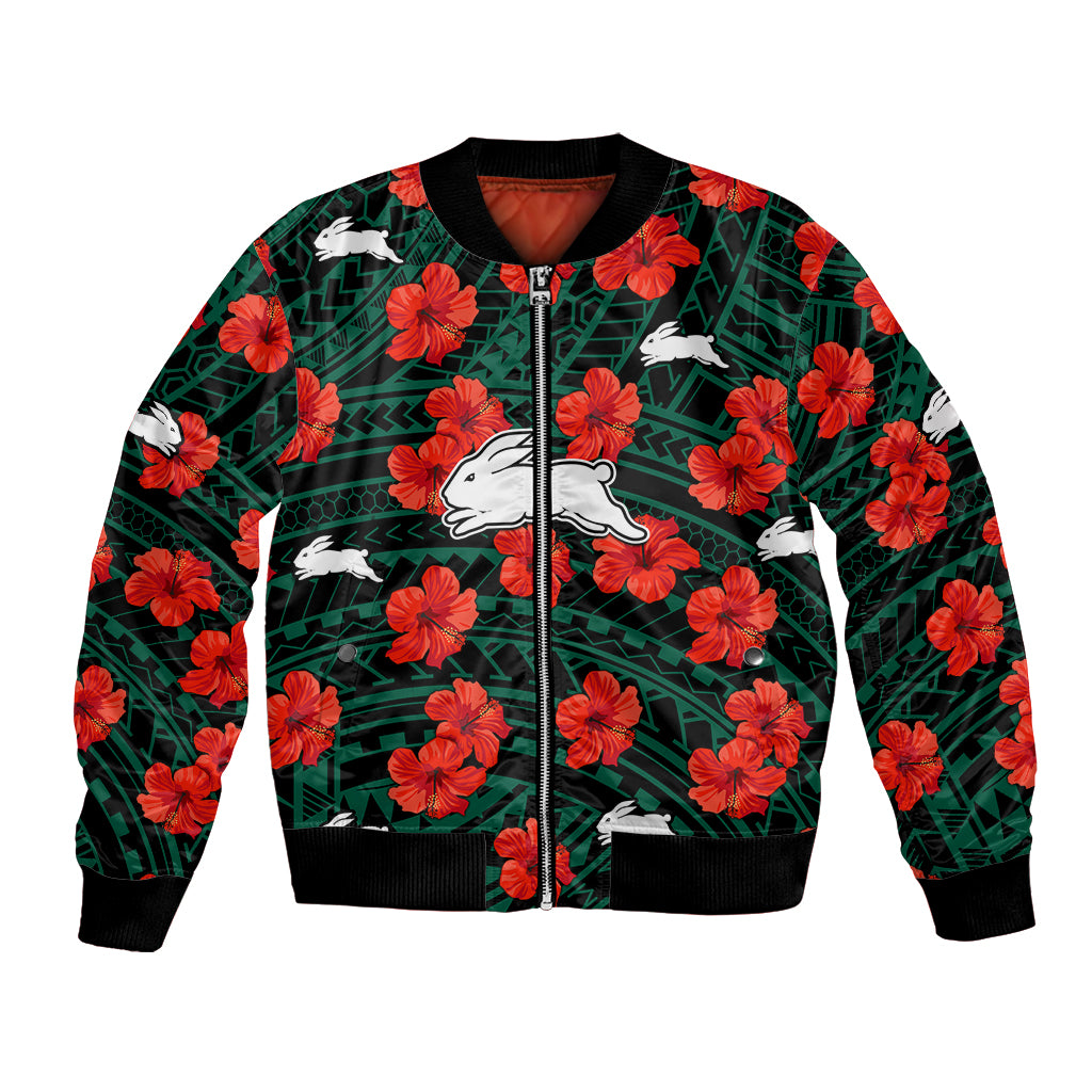 custom-text-and-number-rabbitohs-rugby-bomber-jacket-polynesian-style-with-hibiscus