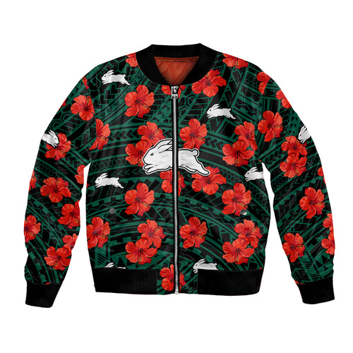 custom-text-and-number-rabbitohs-rugby-bomber-jacket-polynesian-style-with-hibiscus