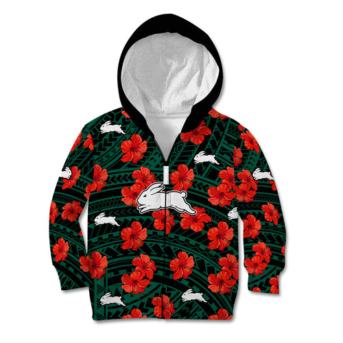 custom-text-and-number-rabbitohs-rugby-kid-hoodie-polynesian-style-with-hibiscus