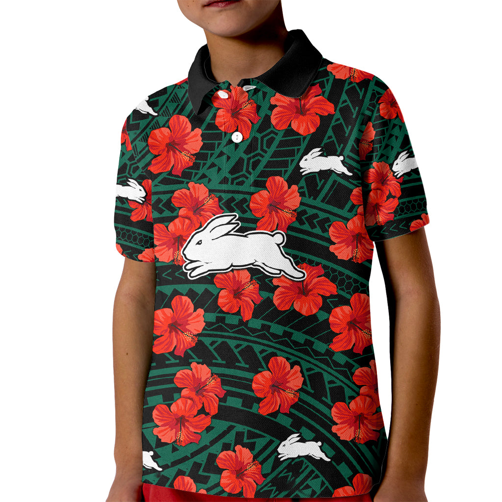 custom-text-and-number-rabbitohs-rugby-kid-polo-shirt-polynesian-style-with-hibiscus
