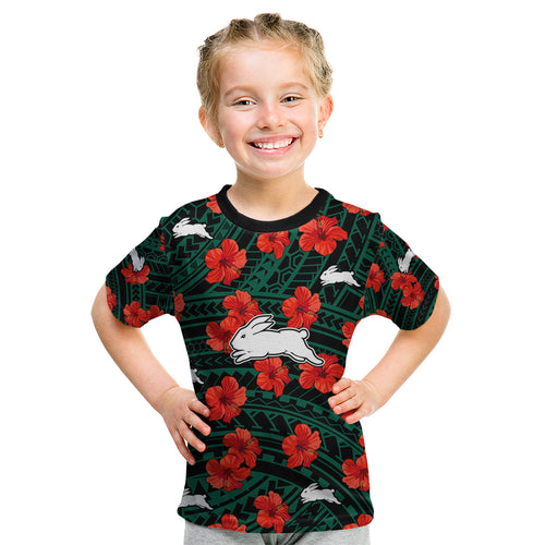 custom-text-and-number-rabbitohs-rugby-kid-t-shirt-polynesian-style-with-hibiscus