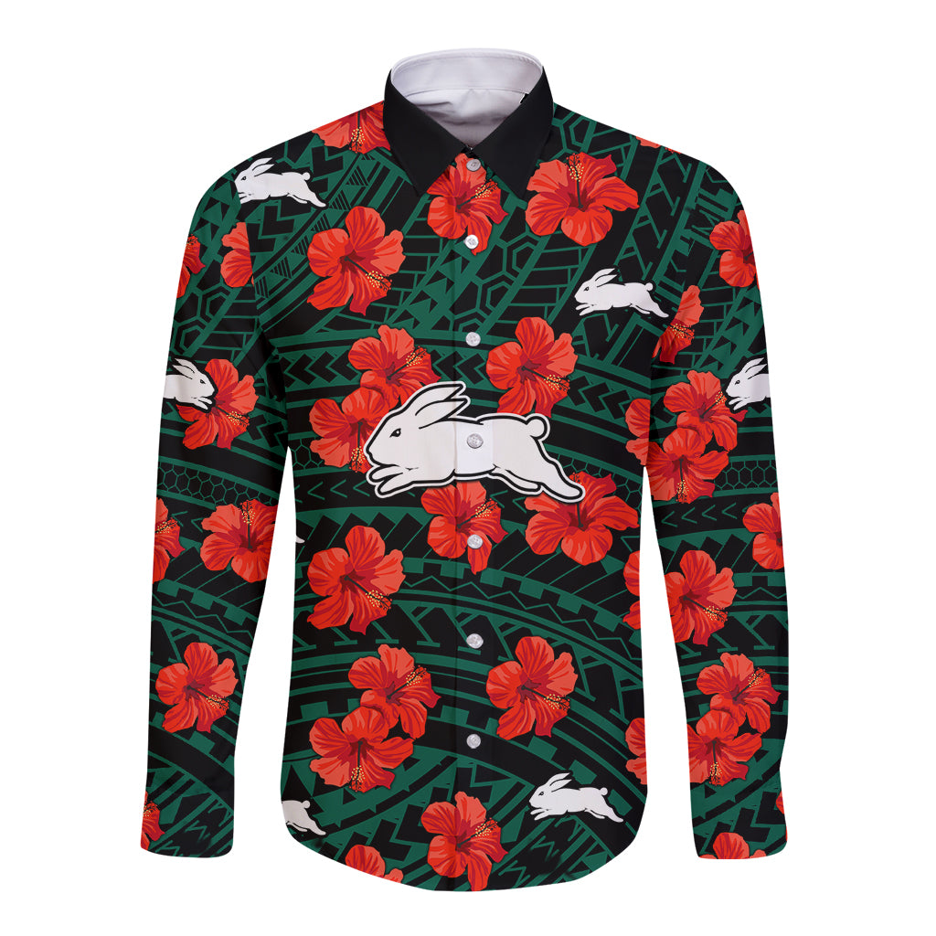 custom-text-and-number-rabbitohs-rugby-long-sleeve-button-shirt-polynesian-style-with-hibiscus