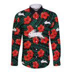 custom-text-and-number-rabbitohs-rugby-long-sleeve-button-shirt-polynesian-style-with-hibiscus