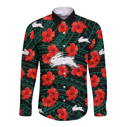 custom-text-and-number-rabbitohs-rugby-long-sleeve-button-shirt-polynesian-style-with-hibiscus