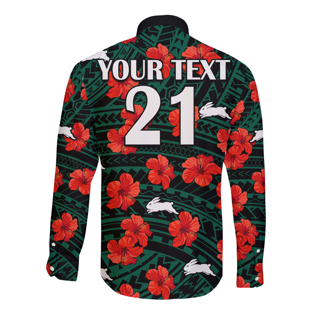 custom-text-and-number-rabbitohs-rugby-long-sleeve-button-shirt-polynesian-style-with-hibiscus