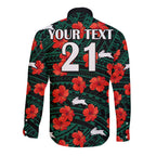 custom-text-and-number-rabbitohs-rugby-long-sleeve-button-shirt-polynesian-style-with-hibiscus