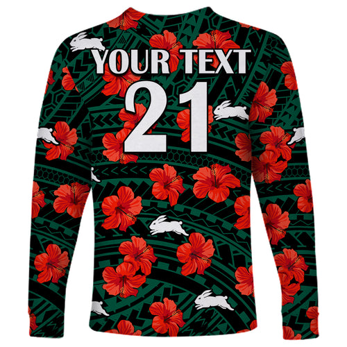 custom-text-and-number-rabbitohs-rugby-long-sleeve-shirt-polynesian-style-with-hibiscus