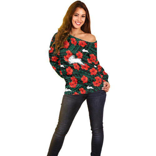 custom-text-and-number-rabbitohs-rugby-off-shoulder-sweater-polynesian-style-with-hibiscus