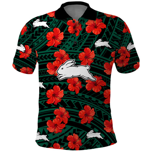 custom-text-and-number-rabbitohs-rugby-polo-shirt-polynesian-style-with-hibiscus