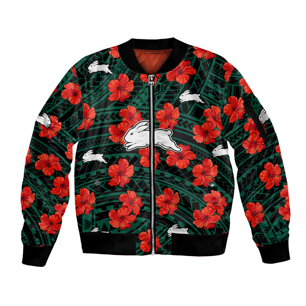 custom-text-and-number-rabbitohs-rugby-sleeve-zip-bomber-jacket-polynesian-style-with-hibiscus