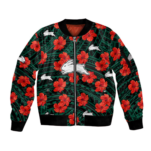 custom-text-and-number-rabbitohs-rugby-sleeve-zip-bomber-jacket-polynesian-style-with-hibiscus