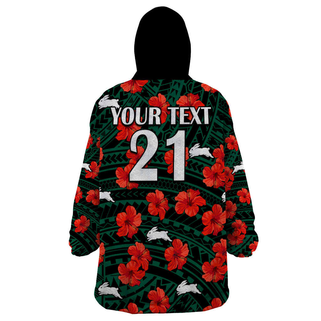 custom-text-and-number-rabbitohs-rugby-wearable-blanket-hoodie-polynesian-style-with-hibiscus