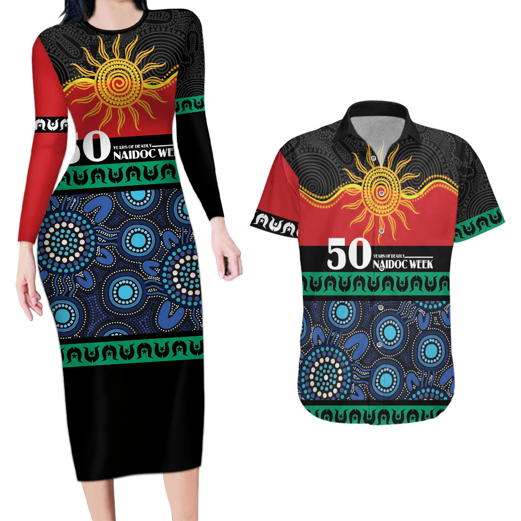 Personalised Australian Aboriginal Torres Strait Islanders Couples Matching Long Sleeve Bodycon Dress and Hawaiian Shirt Together We Rise Together We Stay Deadly