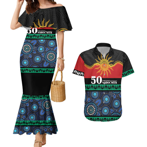 Personalised Australian Aboriginal Torres Strait Islanders Couples Matching Mermaid Dress and Hawaiian Shirt Together We Rise Together We Stay Deadly