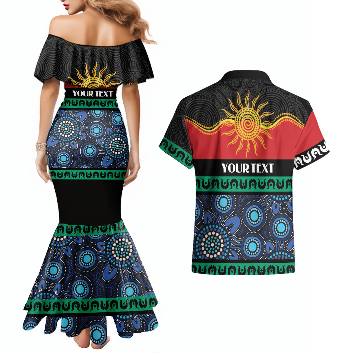 Personalised Australian Aboriginal Torres Strait Islanders Couples Matching Mermaid Dress and Hawaiian Shirt Together We Rise Together We Stay Deadly