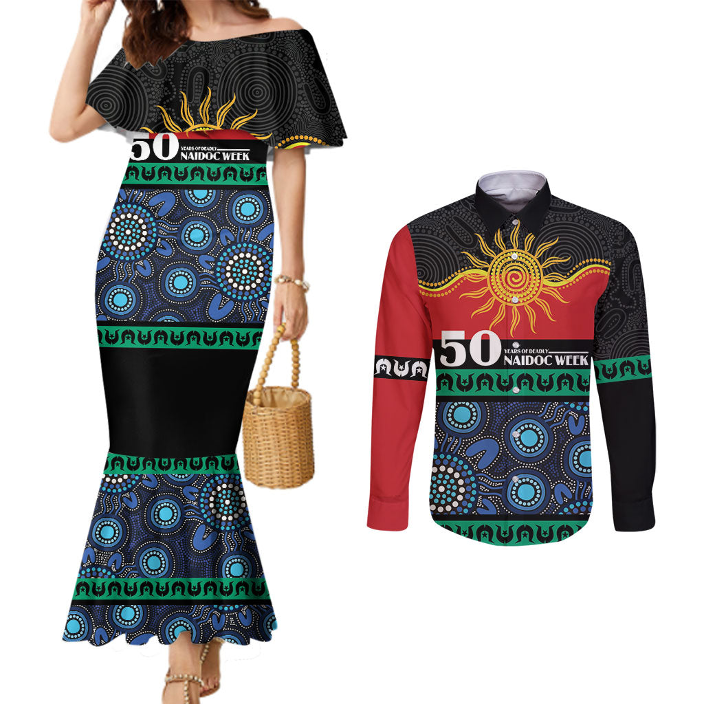 Personalised Australian Aboriginal Torres Strait Islanders Couples Matching Mermaid Dress and Long Sleeve Button Shirt Together We Rise Together We Stay Deadly