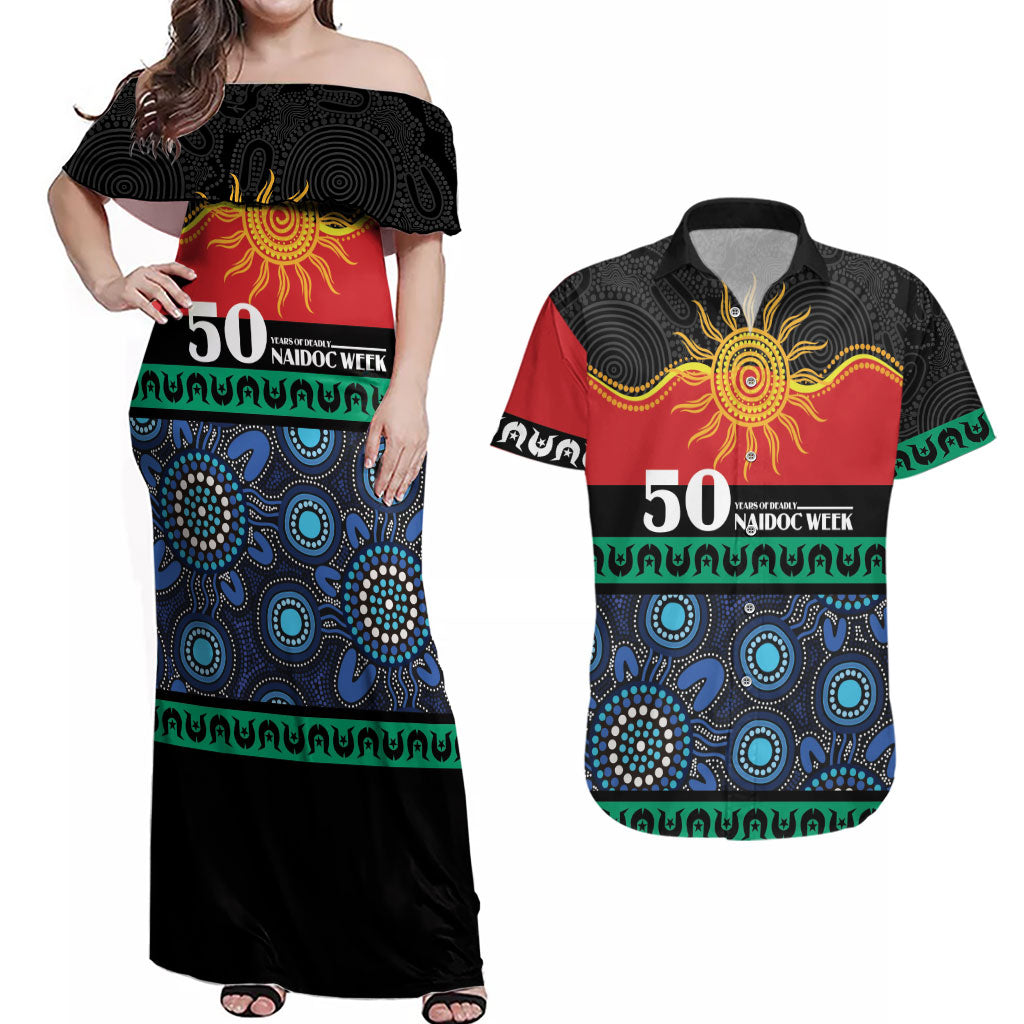 Personalised Australian Aboriginal Torres Strait Islanders Couples Matching Off Shoulder Maxi Dress and Hawaiian Shirt Together We Rise Together We Stay Deadly
