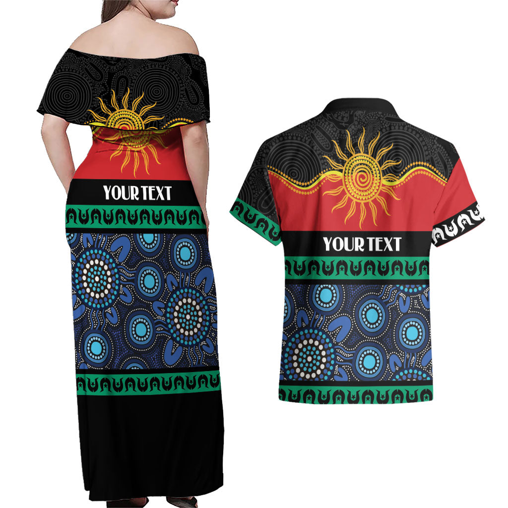 Personalised Australian Aboriginal Torres Strait Islanders Couples Matching Off Shoulder Maxi Dress and Hawaiian Shirt Together We Rise Together We Stay Deadly