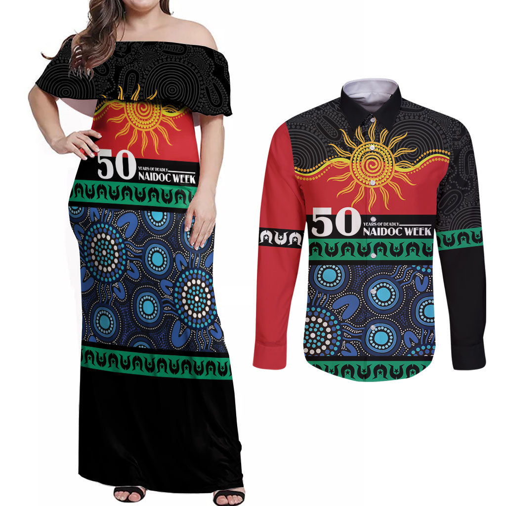 Personalised Australian Aboriginal Torres Strait Islanders Couples Matching Off Shoulder Maxi Dress and Long Sleeve Button Shirt Together We Rise Together We Stay Deadly
