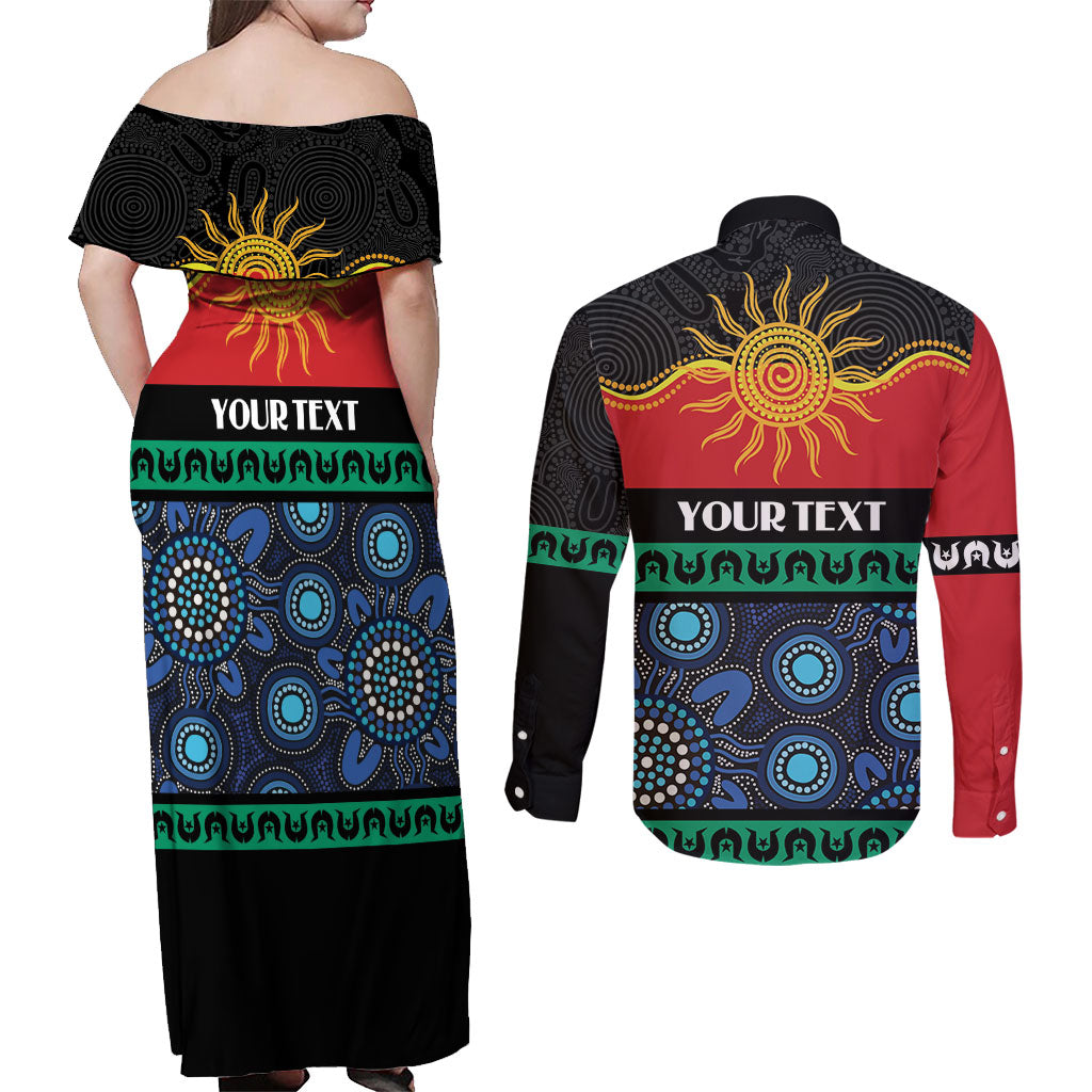 Personalised Australian Aboriginal Torres Strait Islanders Couples Matching Off Shoulder Maxi Dress and Long Sleeve Button Shirt Together We Rise Together We Stay Deadly
