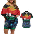 Personalised Australian Aboriginal Torres Strait Islanders Couples Matching Off Shoulder Short Dress and Hawaiian Shirt Together We Rise Together We Stay Deadly