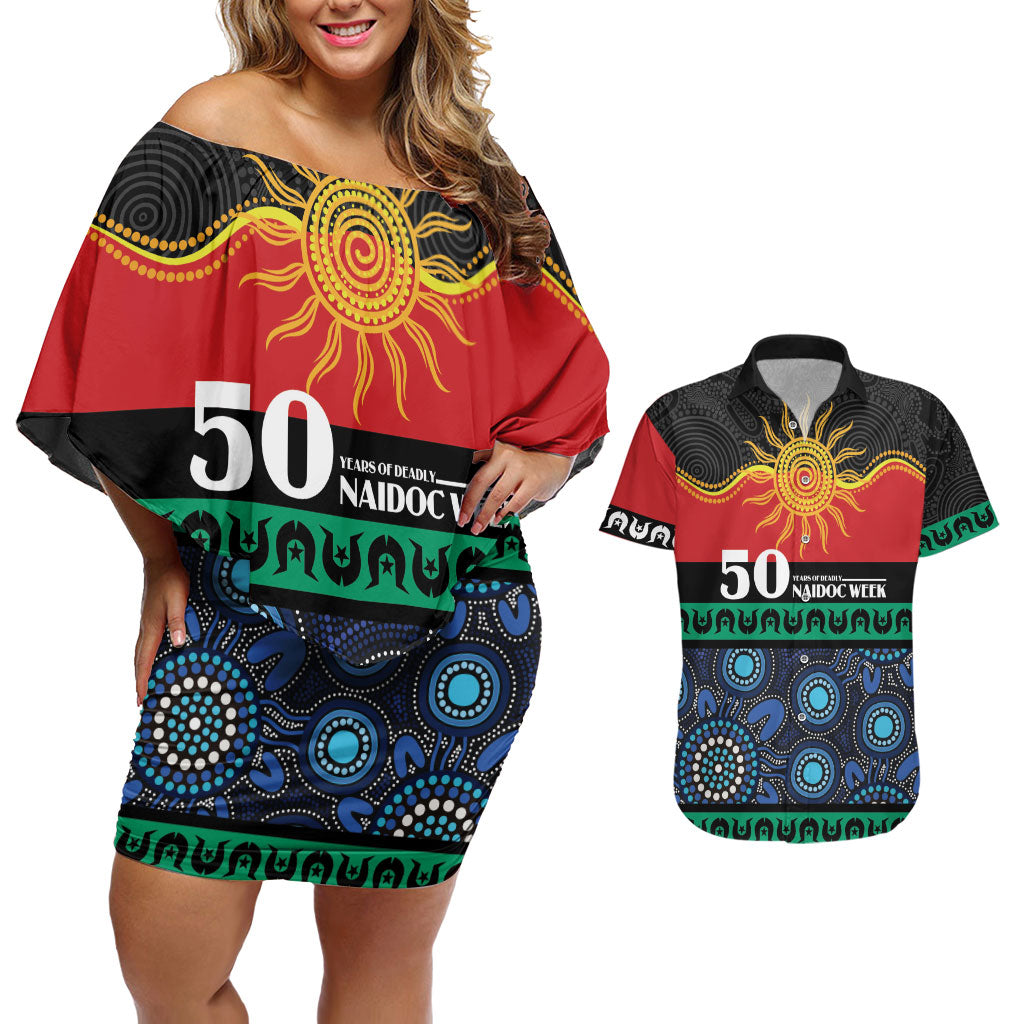 Personalised Australian Aboriginal Torres Strait Islanders Couples Matching Off Shoulder Short Dress and Hawaiian Shirt Together We Rise Together We Stay Deadly