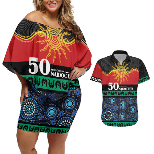 Personalised Australian Aboriginal Torres Strait Islanders Couples Matching Off Shoulder Short Dress and Hawaiian Shirt Together We Rise Together We Stay Deadly