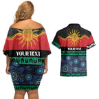 Personalised Australian Aboriginal Torres Strait Islanders Couples Matching Off Shoulder Short Dress and Hawaiian Shirt Together We Rise Together We Stay Deadly