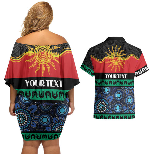 Personalised Australian Aboriginal Torres Strait Islanders Couples Matching Off Shoulder Short Dress and Hawaiian Shirt Together We Rise Together We Stay Deadly