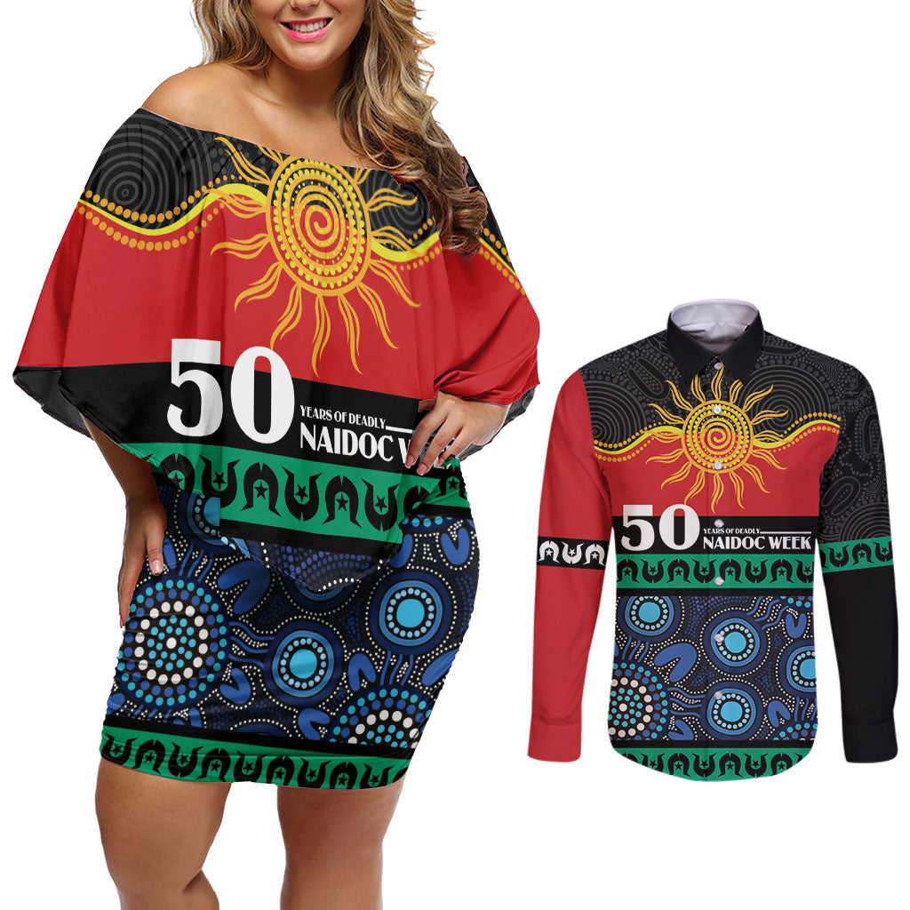 Personalised Australian Aboriginal Torres Strait Islanders Couples Matching Off Shoulder Short Dress and Long Sleeve Button Shirt Together We Rise Together We Stay Deadly