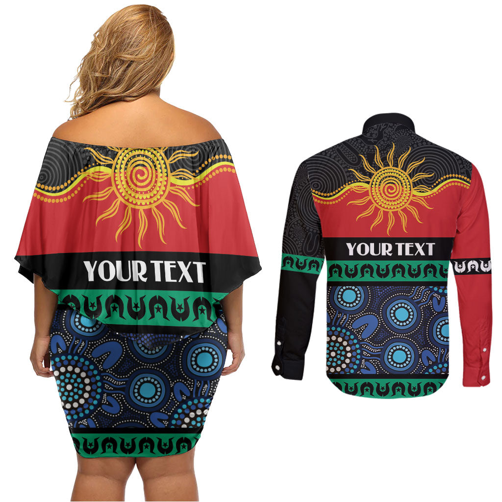 Personalised Australian Aboriginal Torres Strait Islanders Couples Matching Off Shoulder Short Dress and Long Sleeve Button Shirt Together We Rise Together We Stay Deadly
