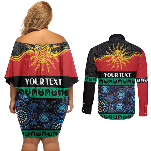 Personalised Australian Aboriginal Torres Strait Islanders Couples Matching Off Shoulder Short Dress and Long Sleeve Button Shirt Together We Rise Together We Stay Deadly